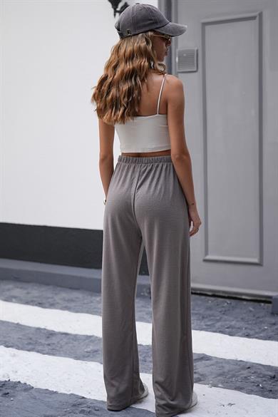 Vizon Kışlık Keten Görünümlü Likralı Yüksek Bel Bol Paça Palazzo Eşofman Altı