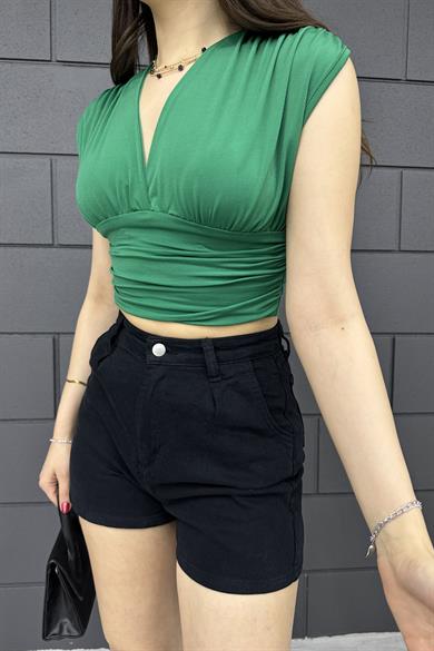 Yeşil Kolajlı Kolsuz Bluz