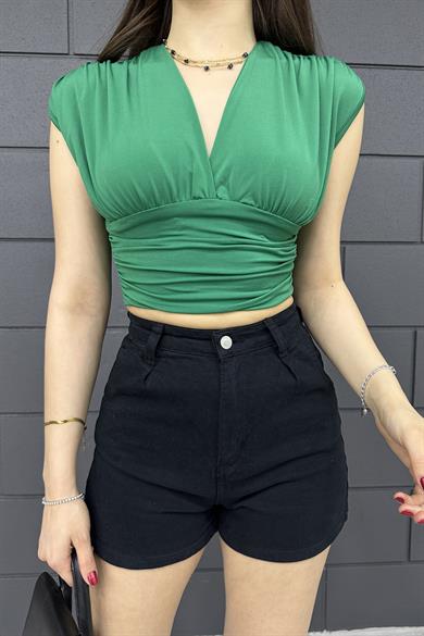 Yeşil Kolajlı Kolsuz Bluz