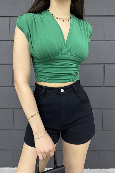 Yeşil Kolajlı Kolsuz Bluz