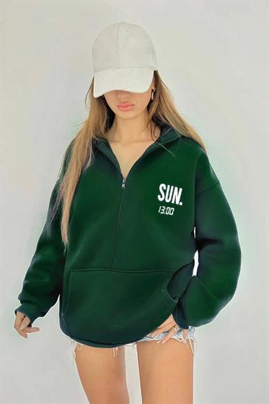 Yeşil SUN.13:00 Baskılı Fermuarlı Sweat