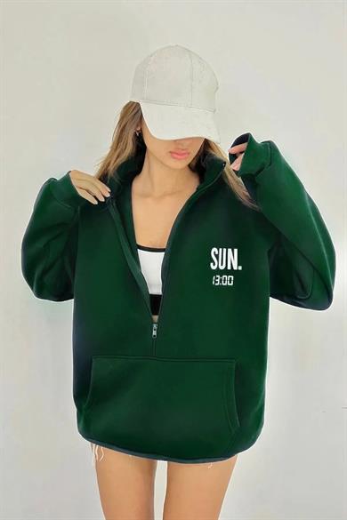 Yeşil SUN.13:00 Baskılı Fermuarlı Sweat