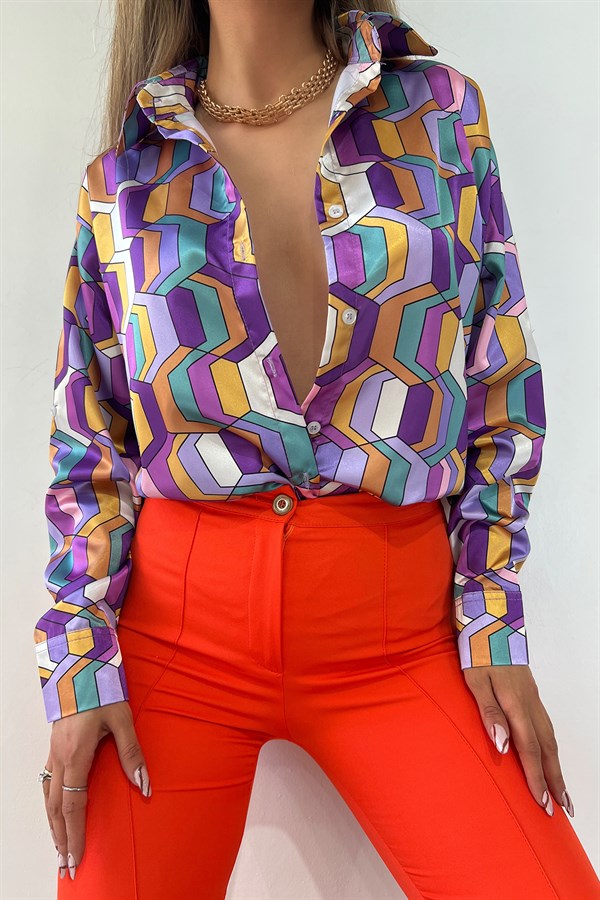 Kadın Renkli Desenli Oversize Gömlek