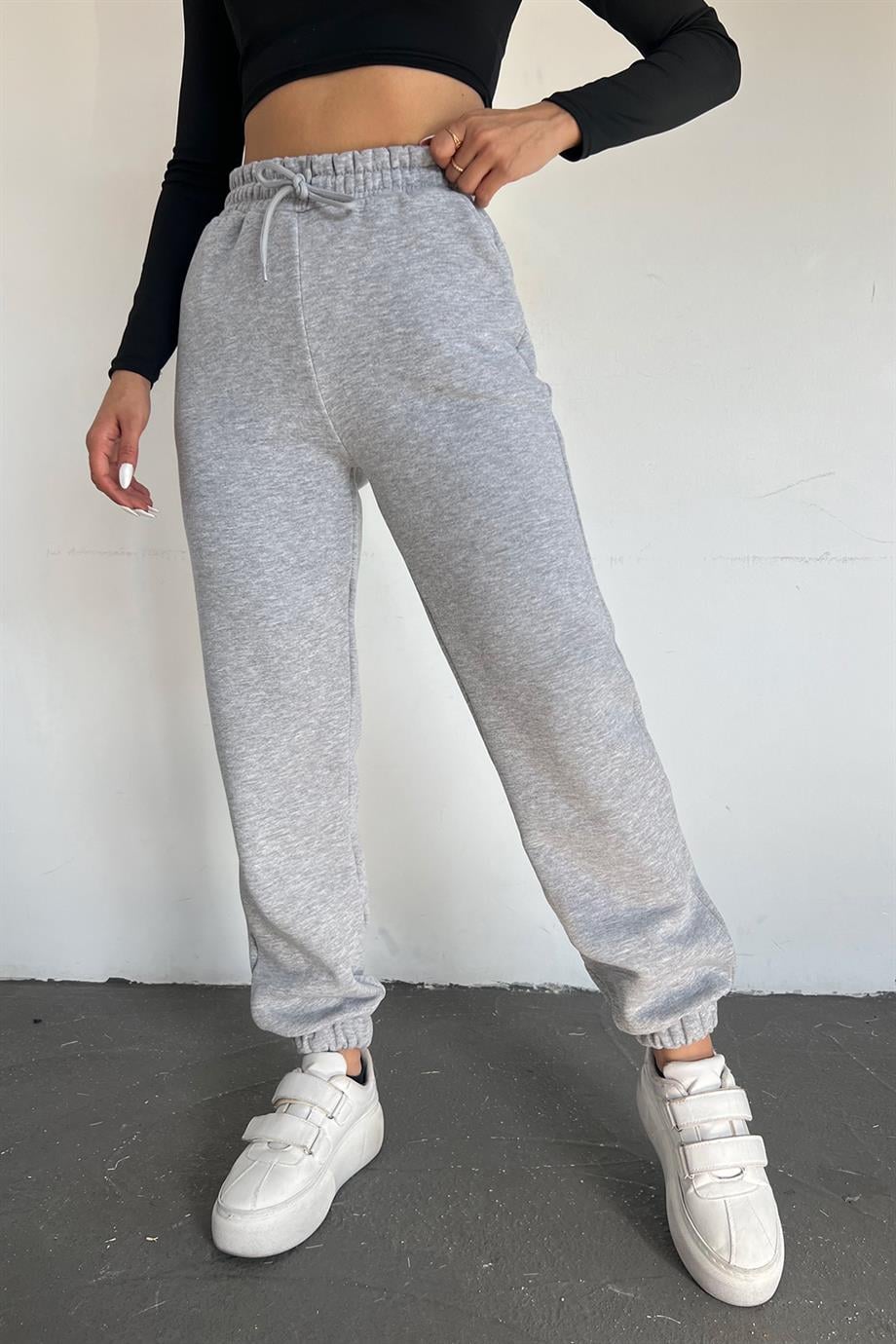 Gri 3 İplik Polarlı Jogger Eşofman