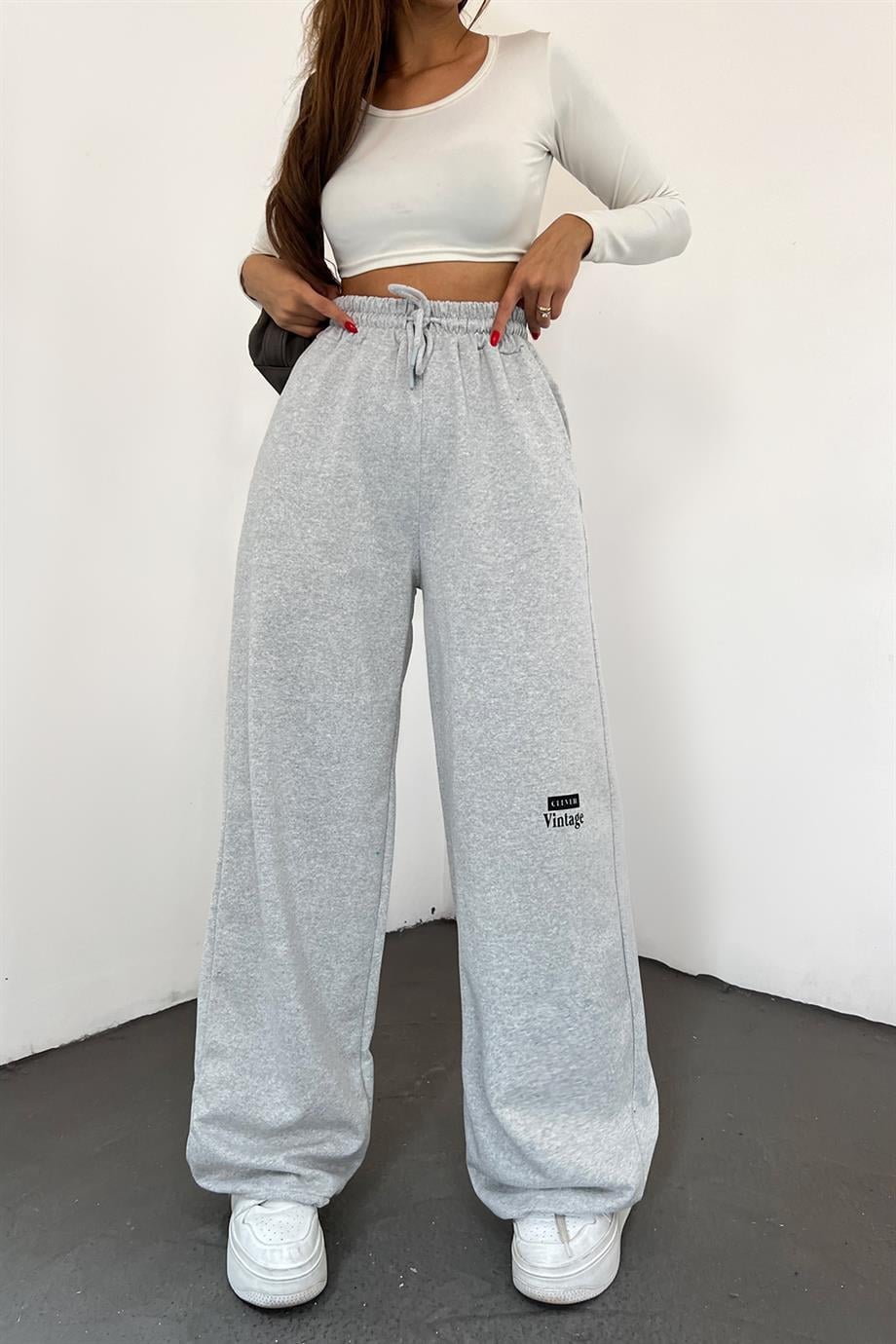 Gri Clever Vintage Baskılı Paça Ayarlanabilir Palazzo Eşofman