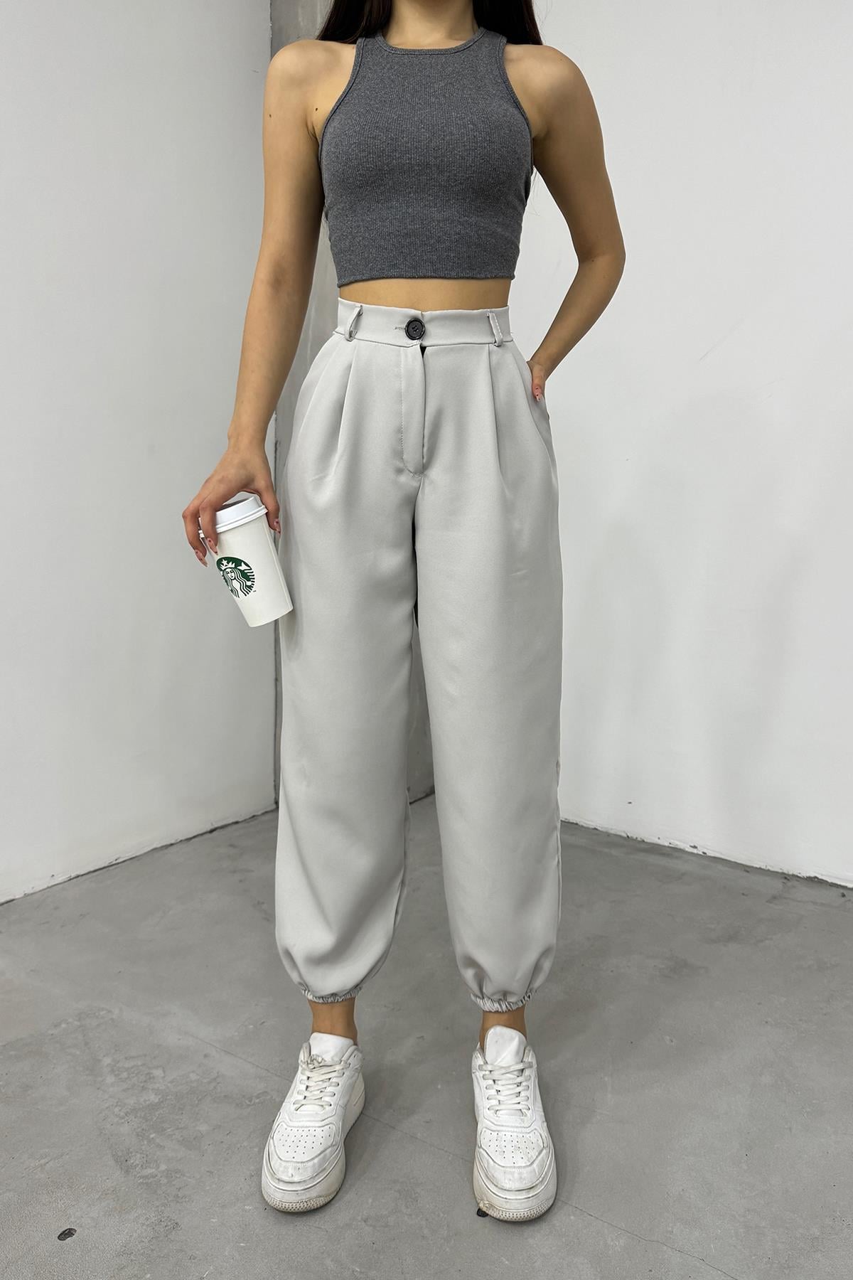 Hera Moda Kadın Açık Gri Paçası Lastikil Yüksek Bel Bol Balon Pantolon