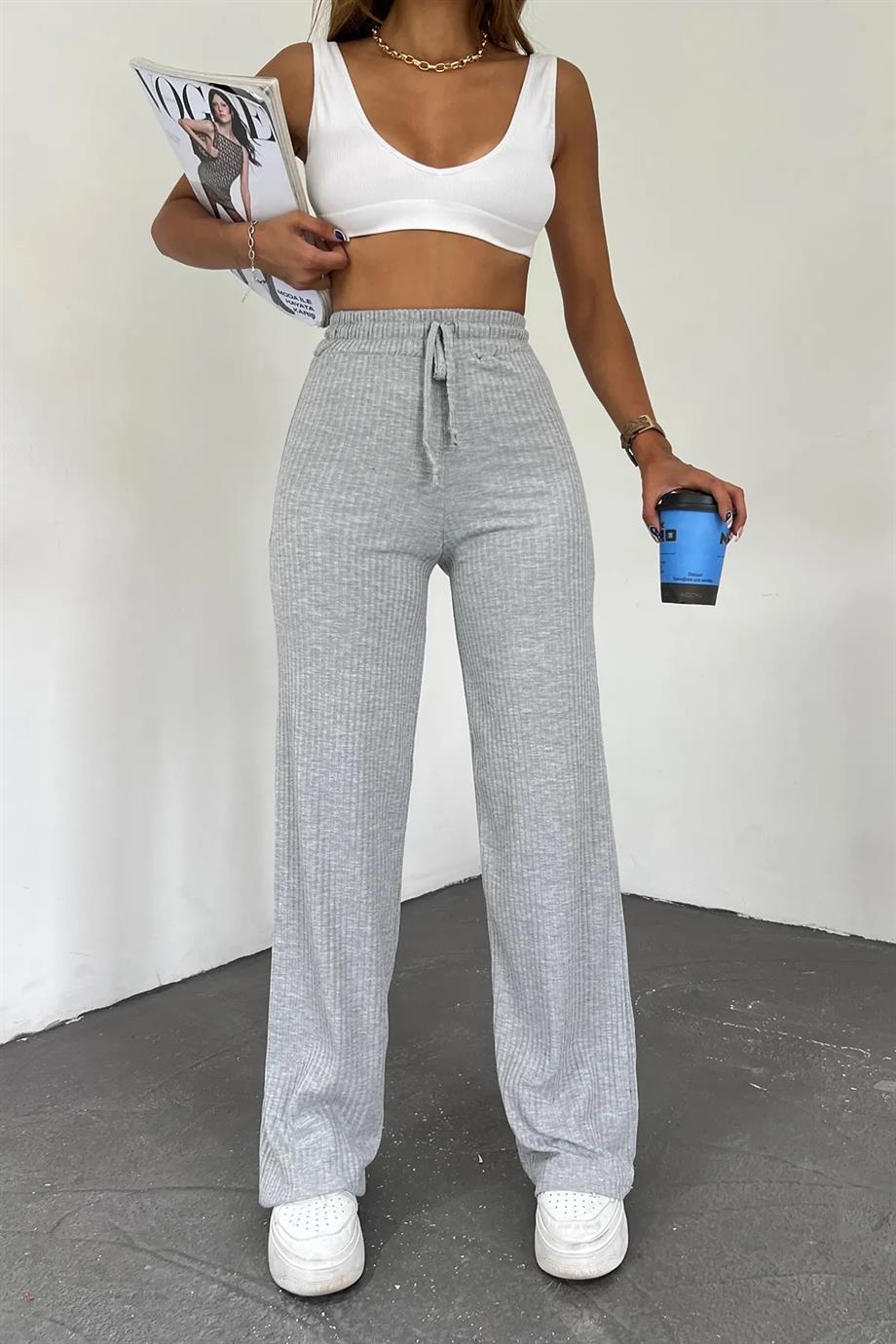 Hera Moda Kadın Gri Fitilli Kaşkorse Eşofman/Pantolon