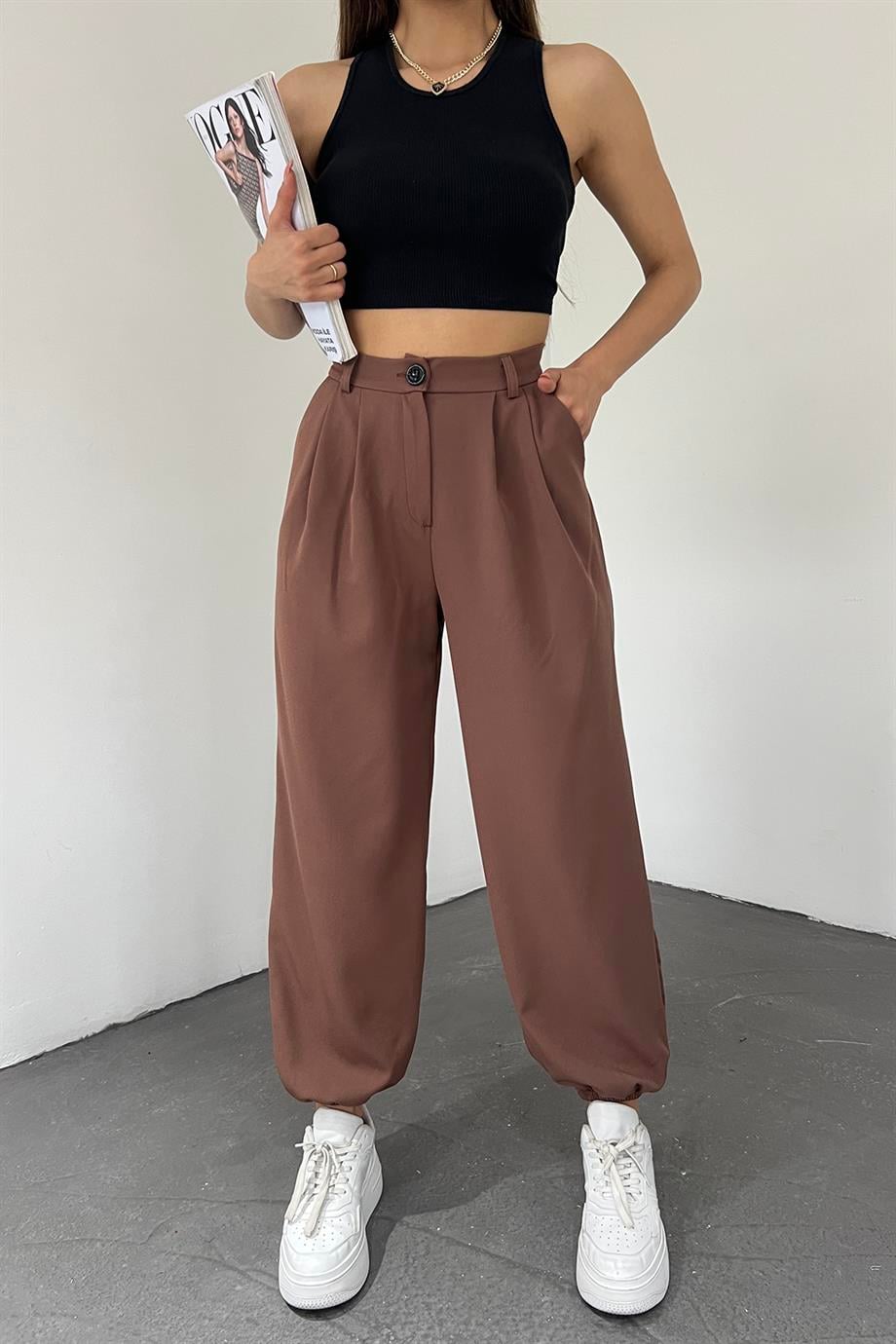 Hera Moda Kadın Koyu Kahve Paçası Lastikil Yüksek Bel Bol Balon Pantolon