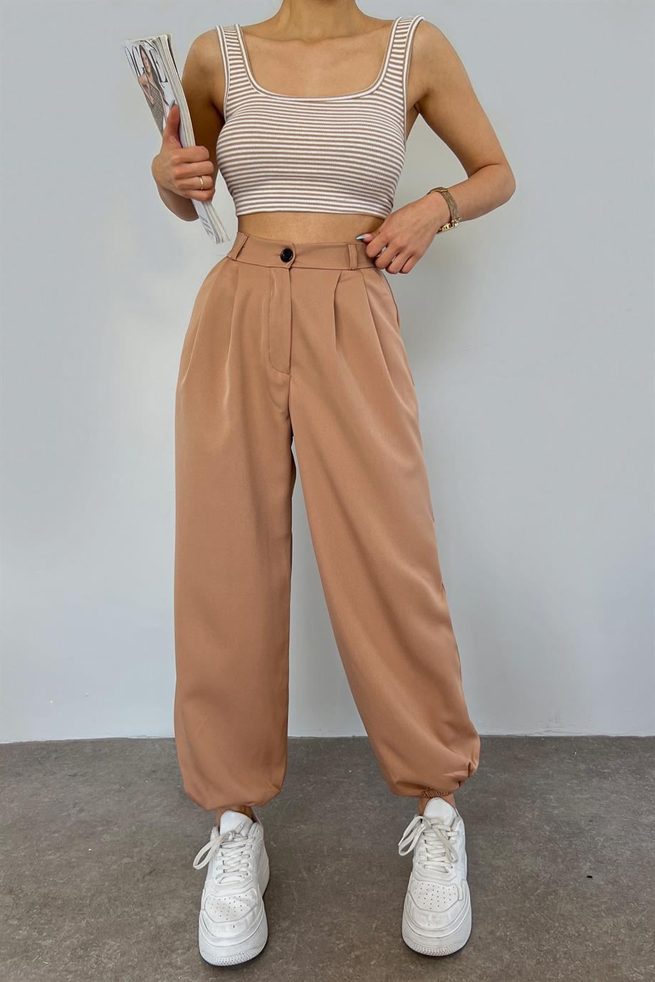Hera Moda Kadın Sütlü Kahve Paçası Lastikil Yüksek Bel Bol Pantolon
