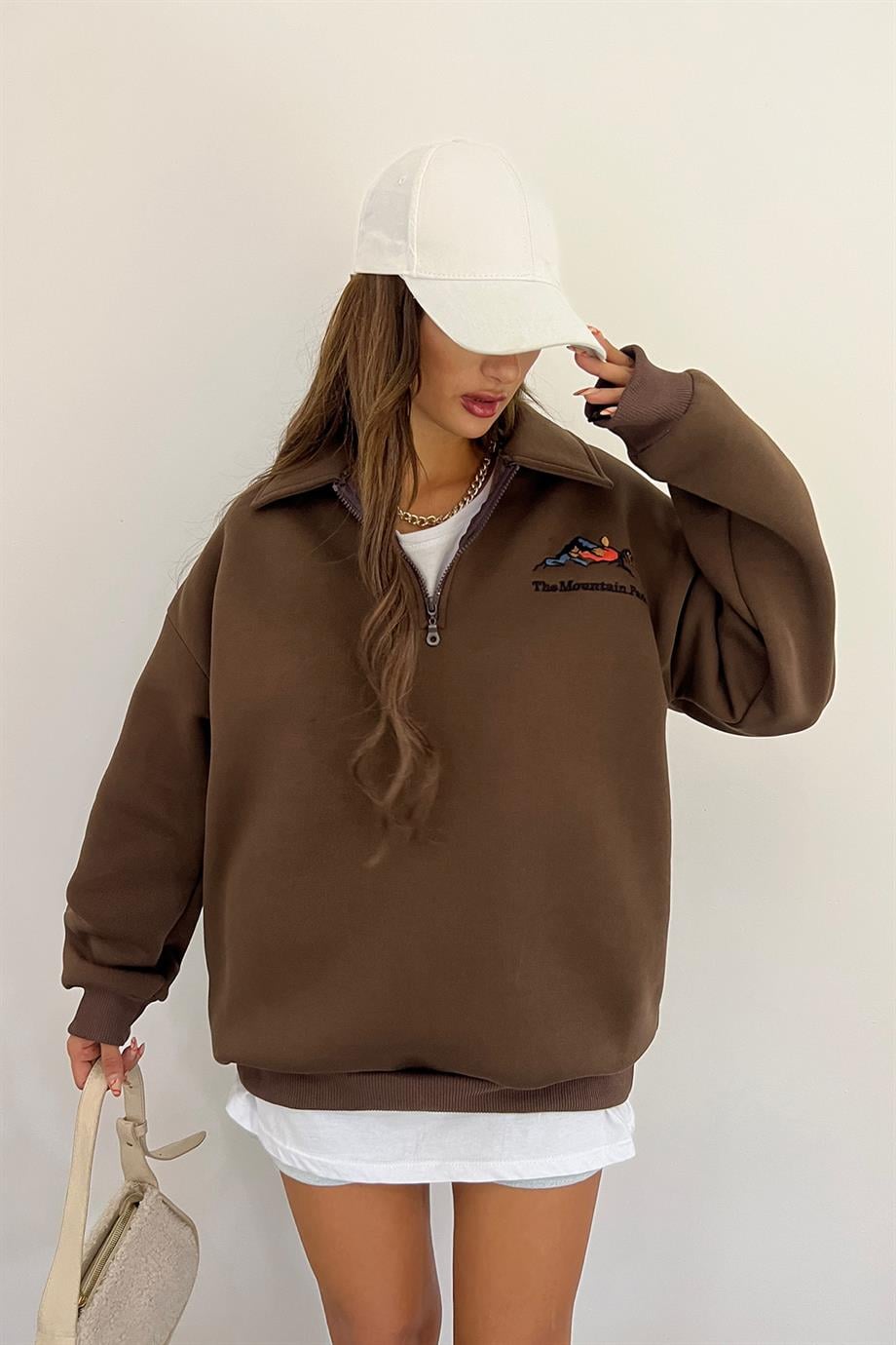 Kahve The Montein Park Baskılı Fermuarlı Polo Yaka 3 İplik Şardonlu Sweat