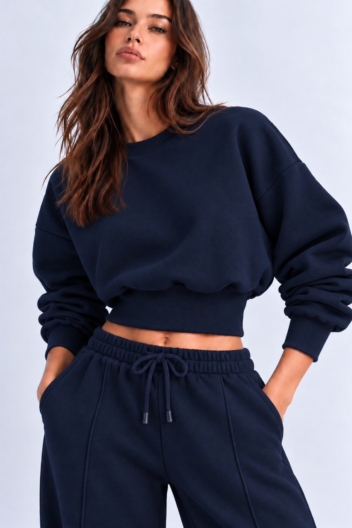 Lacivert 3 Iplik İçi Şardonlu Kuşaklı Crop Sweatshirt
