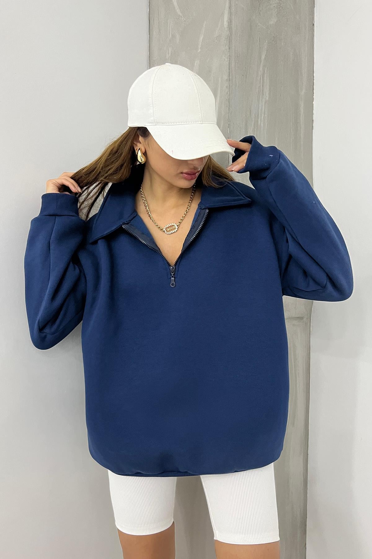 Lacivert Fermuarlı Polo Yaka 3 İplik Şardonlu Sweat