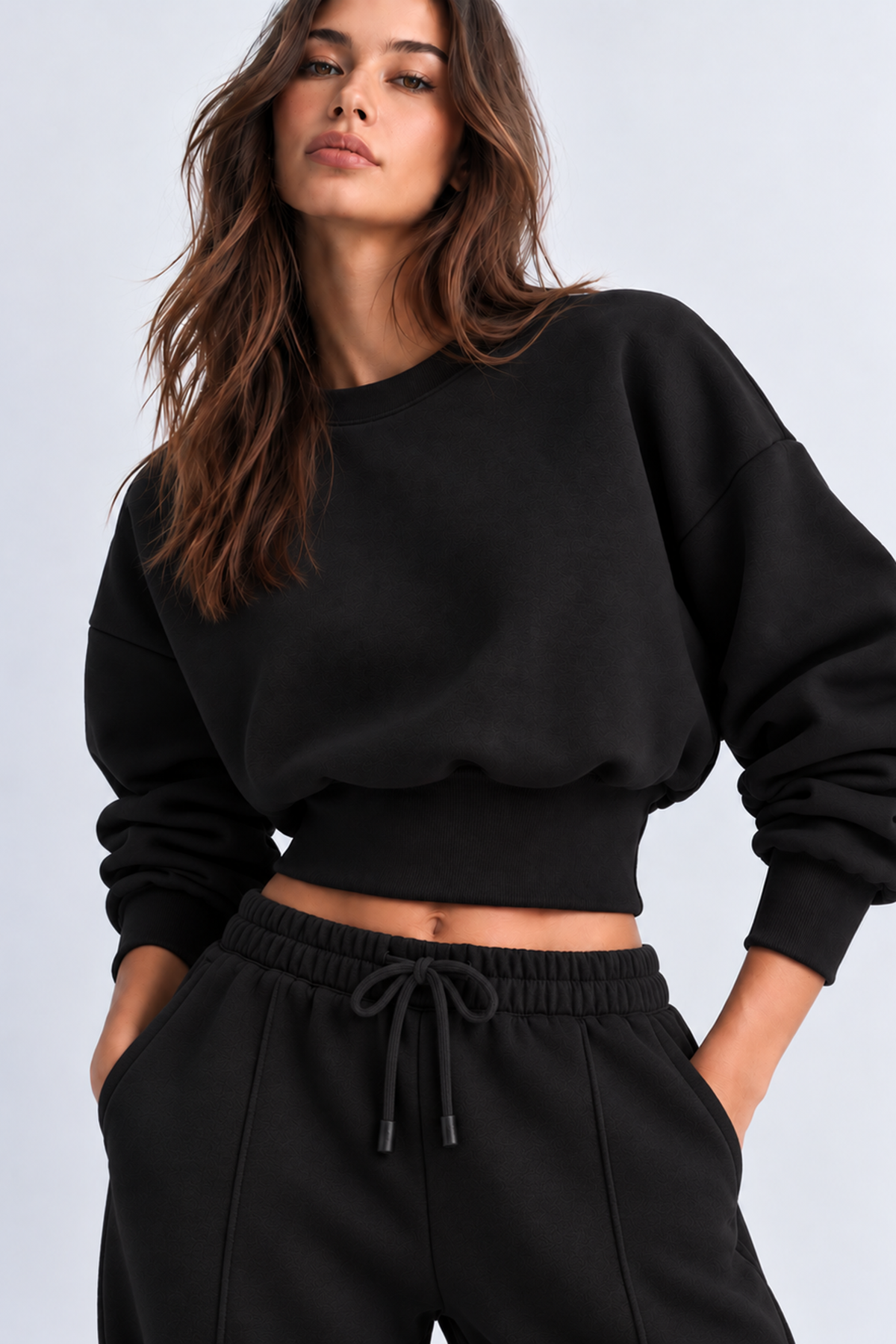 SİYAH 3 Iplik İçi Şardonlu Kuşaklı Crop Sweatshirt
