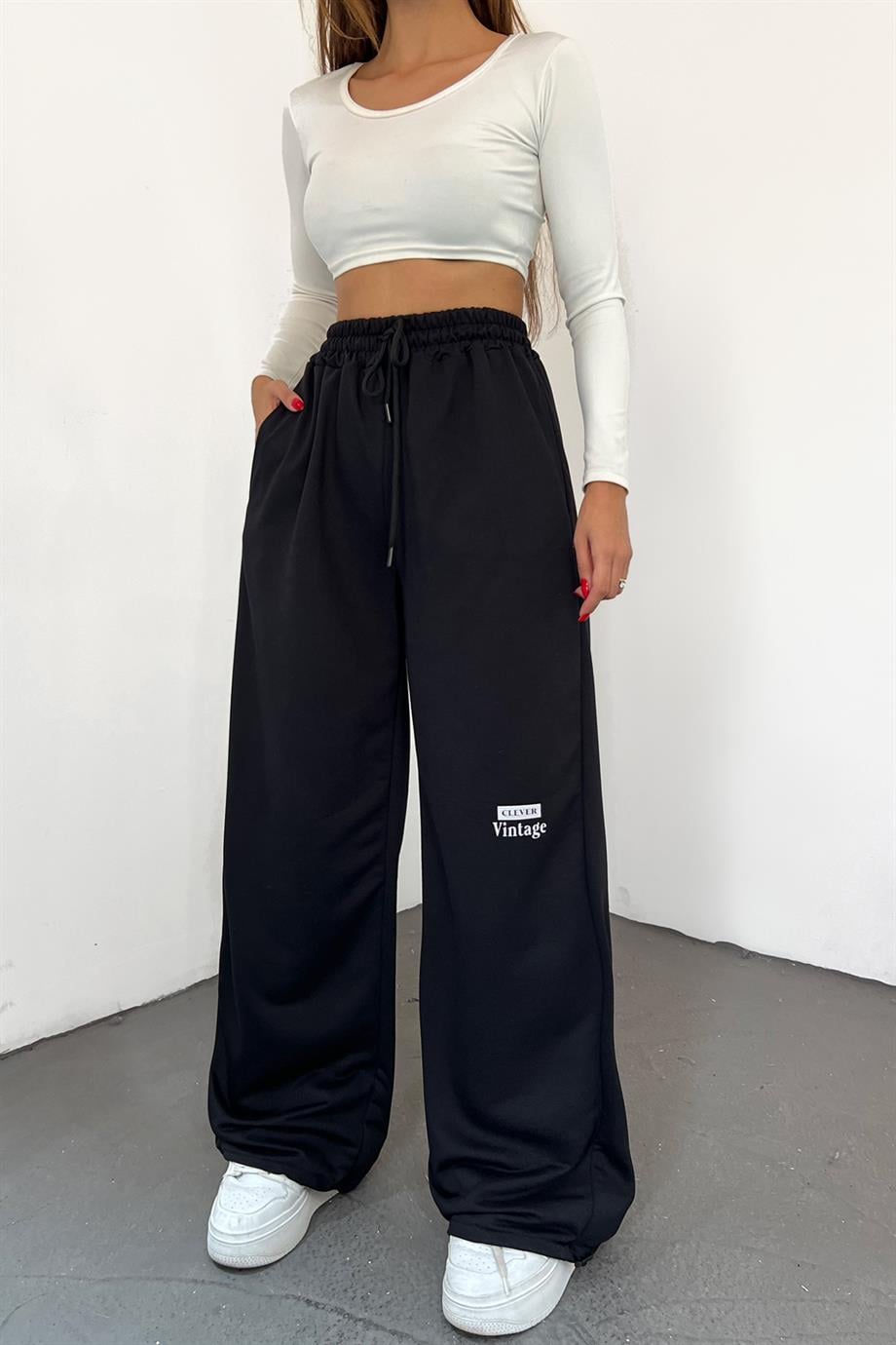 Siyah Clever Vintage Baskılı Paça Ayarlanabilir Palazzo Eşofman