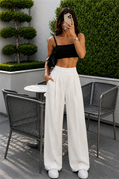 Beyaz Palazzo Beli Lastikli Pantolon Oversize Orjinal Kesim