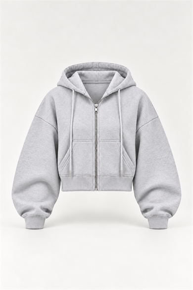 Gri  3 Iplik Içi Şardonlu Demir Fermuarlı Oversize Bel Boy Sweatshirt