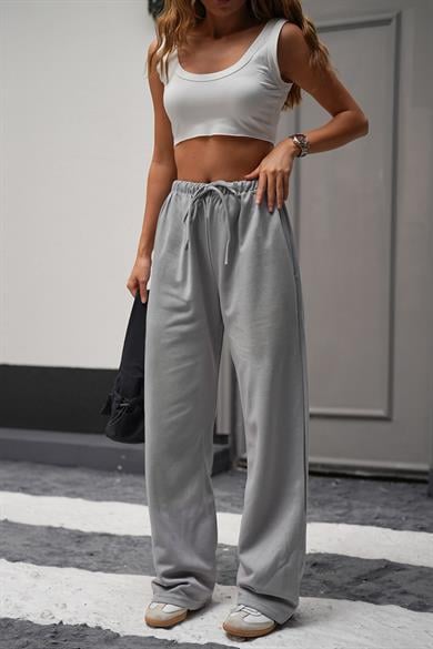 Gri Kışlık Likralı Pamuklu Yüksek Bel Bol Paça Palazzo Kumaş Eşofman Altı