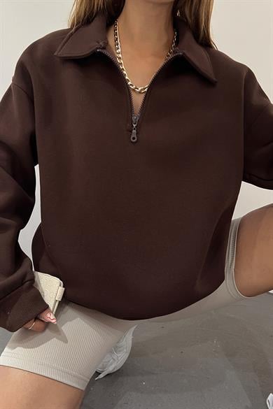 Kahve Fermuarlı Polo Yaka Sweat