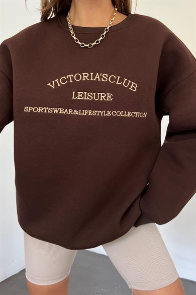 Kahve VictoriasClub Baskılı 3 İplik Şardonlu Bisiklet Yaka Sweat
