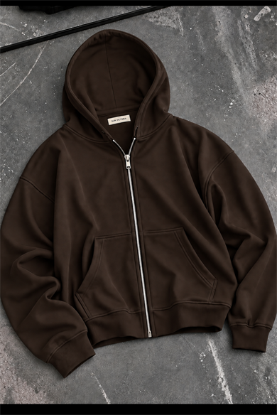 Kahverengi Modal Oys Kumaş Demir Fermuarlı Kapüşonlu Cepli Oversize Sweatshirt