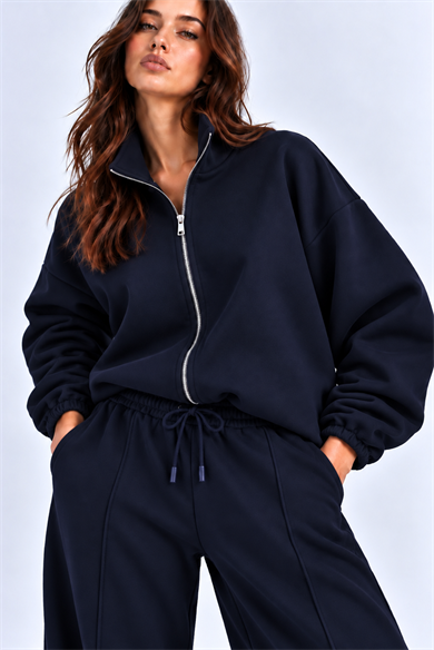 Lacivert 3 Iplik Içi Şardonlu Dik Yaka Demir Fermuarlı Oversize Sweatshirt