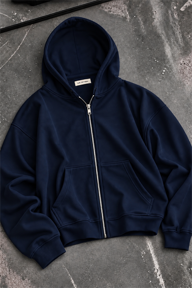 Lacivert Modal Oys Kumaş Demir Fermuarlı Kapüşonlu Cepli Oversize Sweatshirt