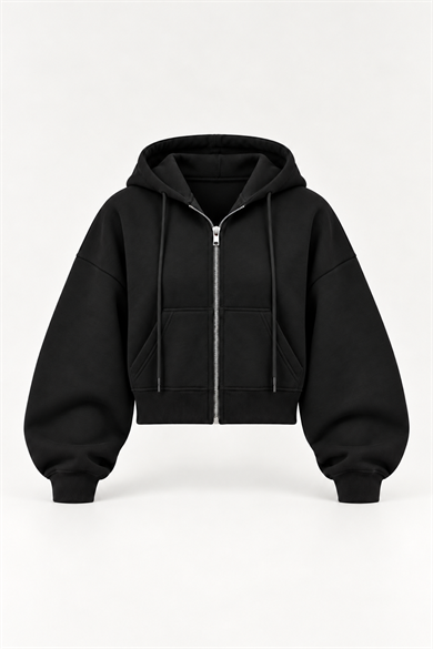 Siyah 3 Iplik Içi Şardonlu Demir Fermuarlı Oversize Bel Boy Sweatshirt
