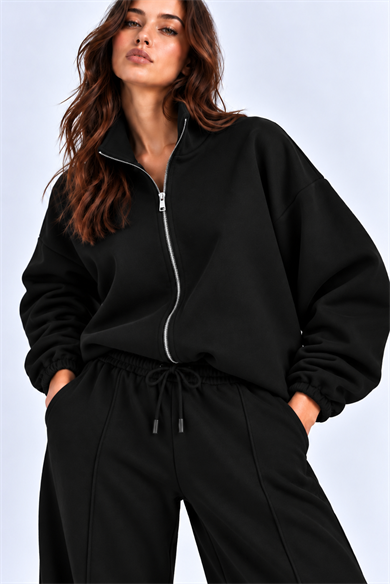SİYAH 3 Iplik Içi Şardonlu Dik Yaka Demir Fermuarlı Oversize Sweatshirt