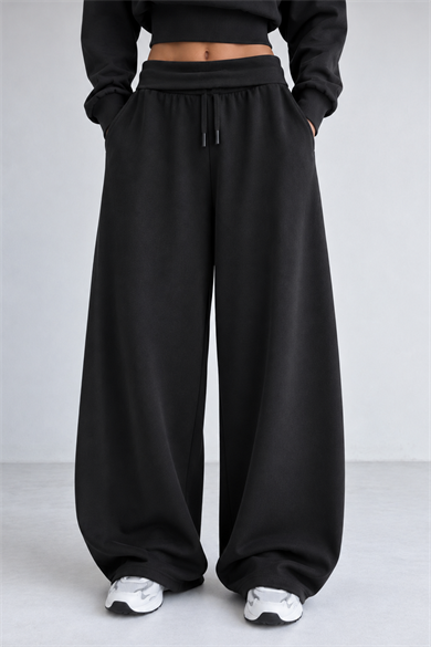 Siyah Kıvrık Bel Modal Oys Kumaş Yüksek Bel Oversize Eşofman Altı