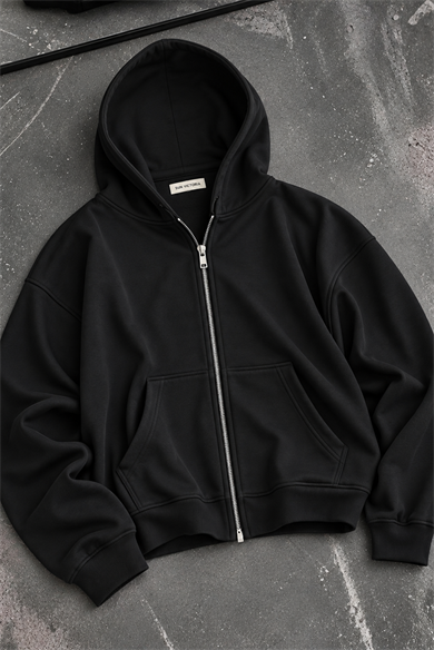 Siyah Modal Oys Kumaş Demir Fermuarlı Kapüşonlu Cepli Oversize Sweatshirt