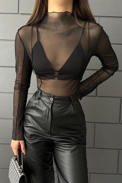 Siyah Tül Ters Dikiş Bluz Takım