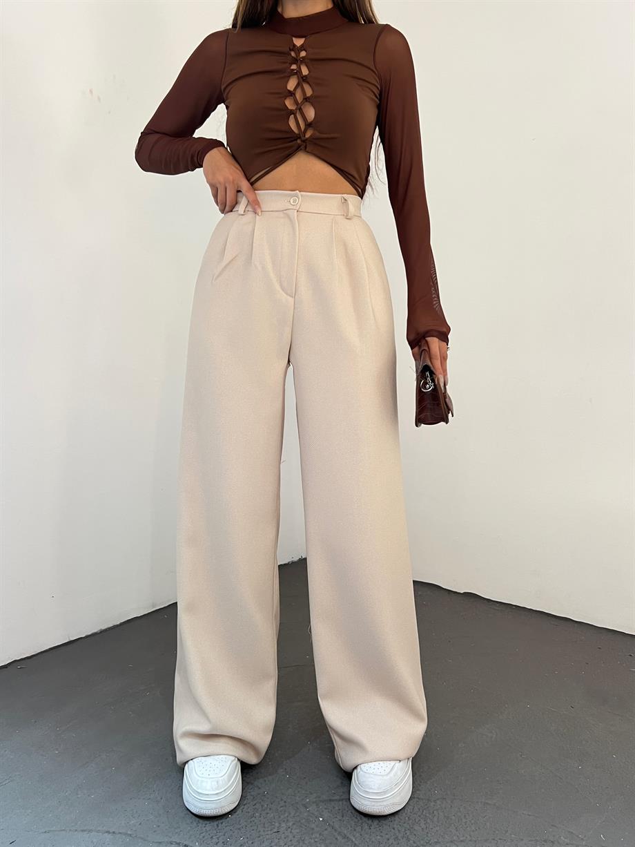  Hera Moda Kadın Bej Kışlık Palazzo Kumaş Pantolon