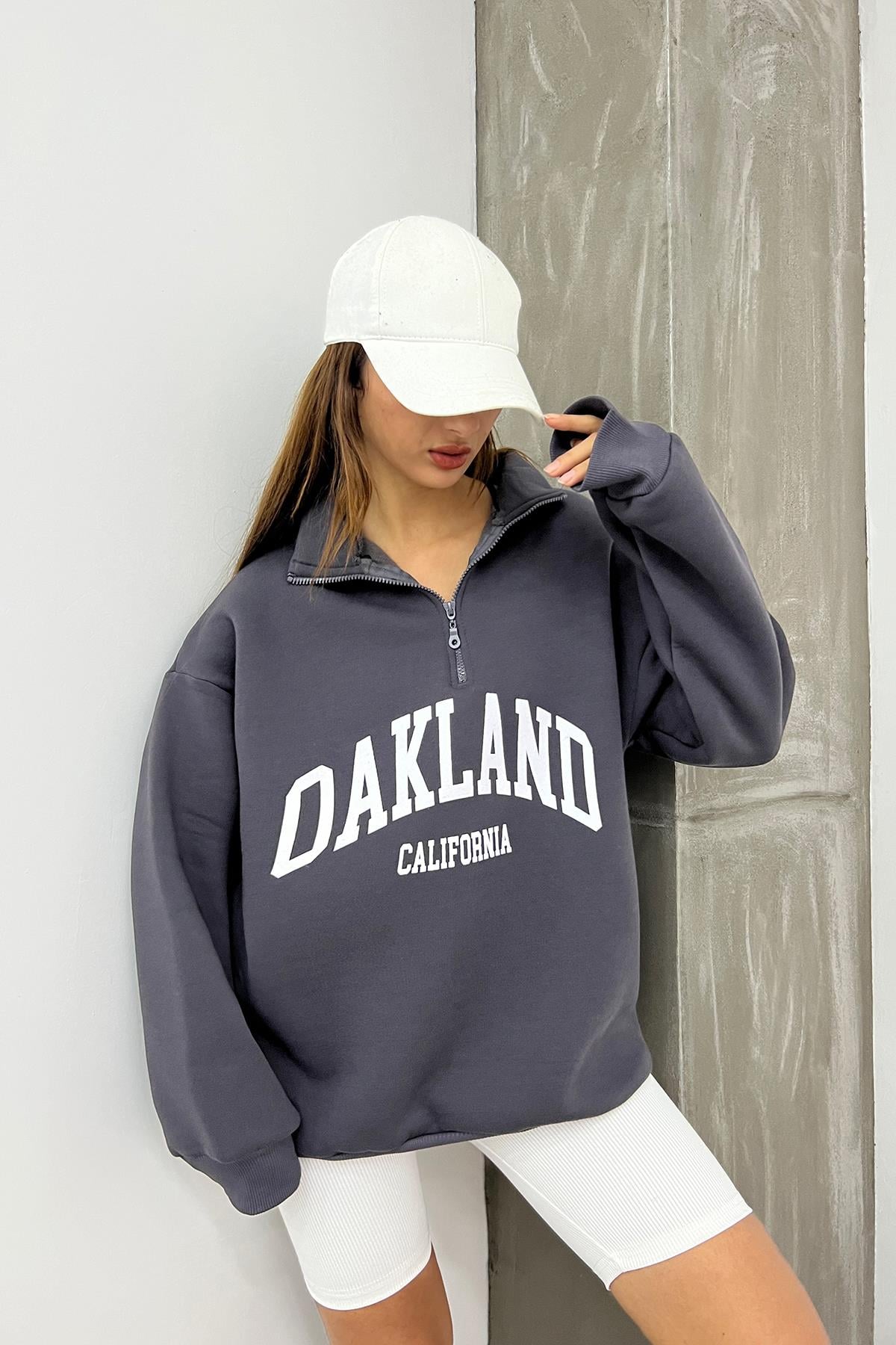 Antrasit Oakland Baskılı Fermuarlı Sweat
