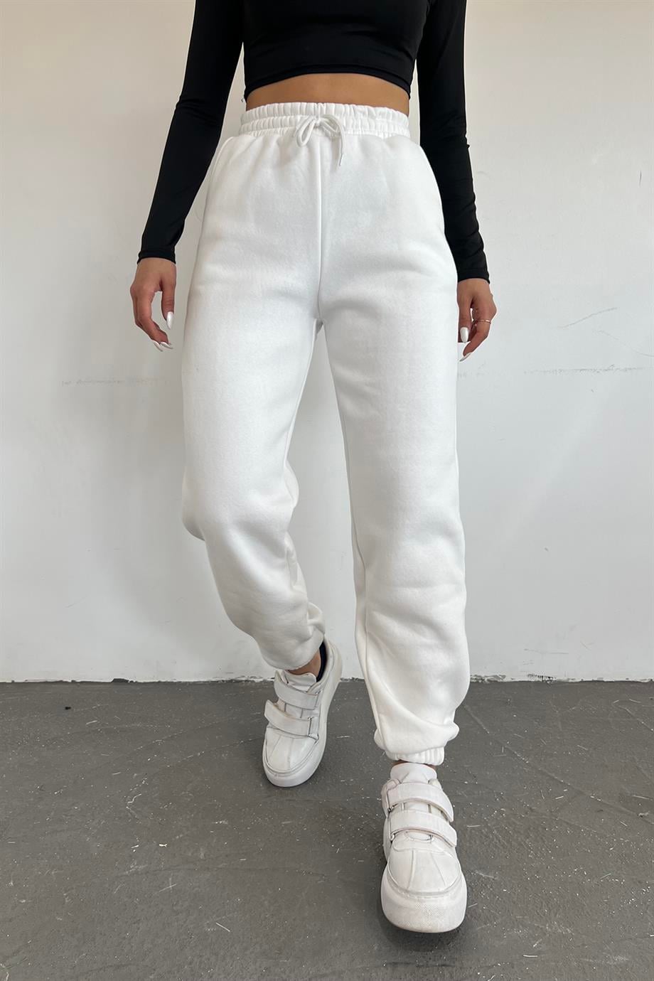 Beyaz 3 İplik Polarlı Jogger Eşofman