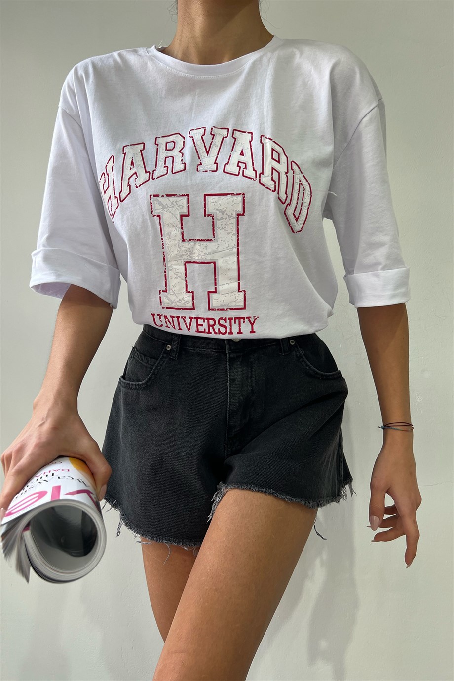 Hera Moda Beyaz Harvard Oversize Tshirt 