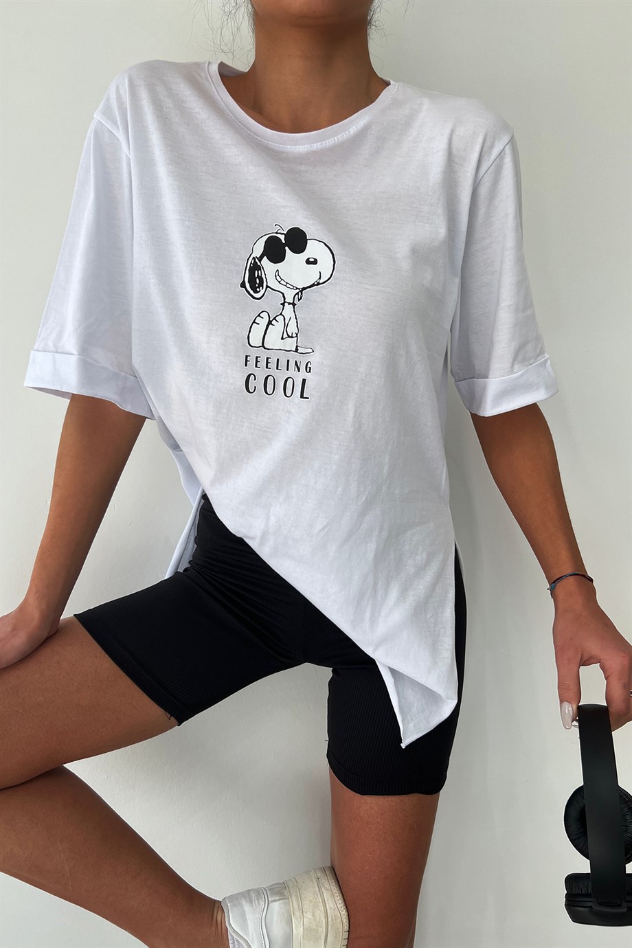 Hera Moda Kadın Beyaz Snoopy Baskılı Oversize Tshirt
