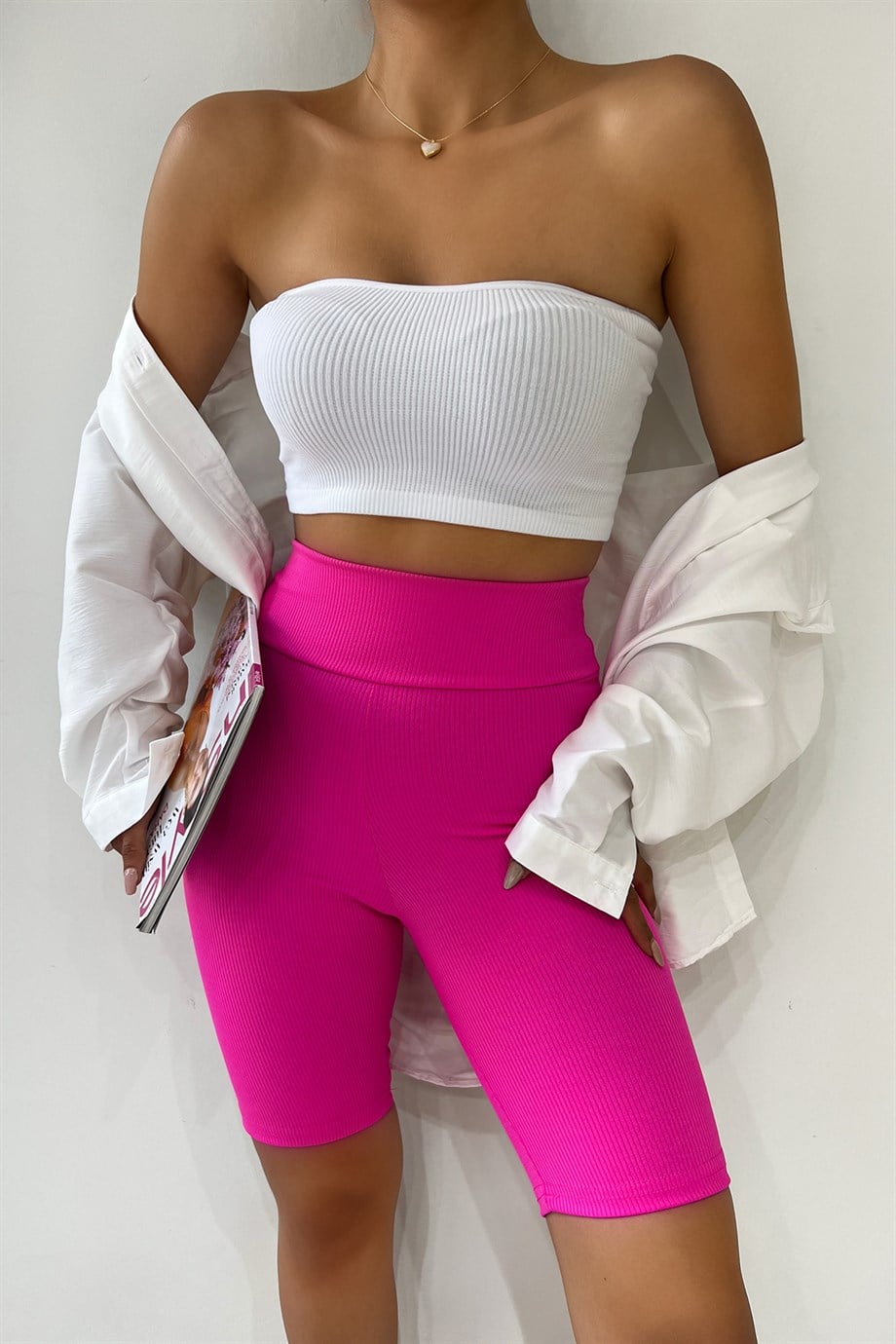 Hera Moda Kadın Fitilli Yüksel Bel Biker Koyu Pembe