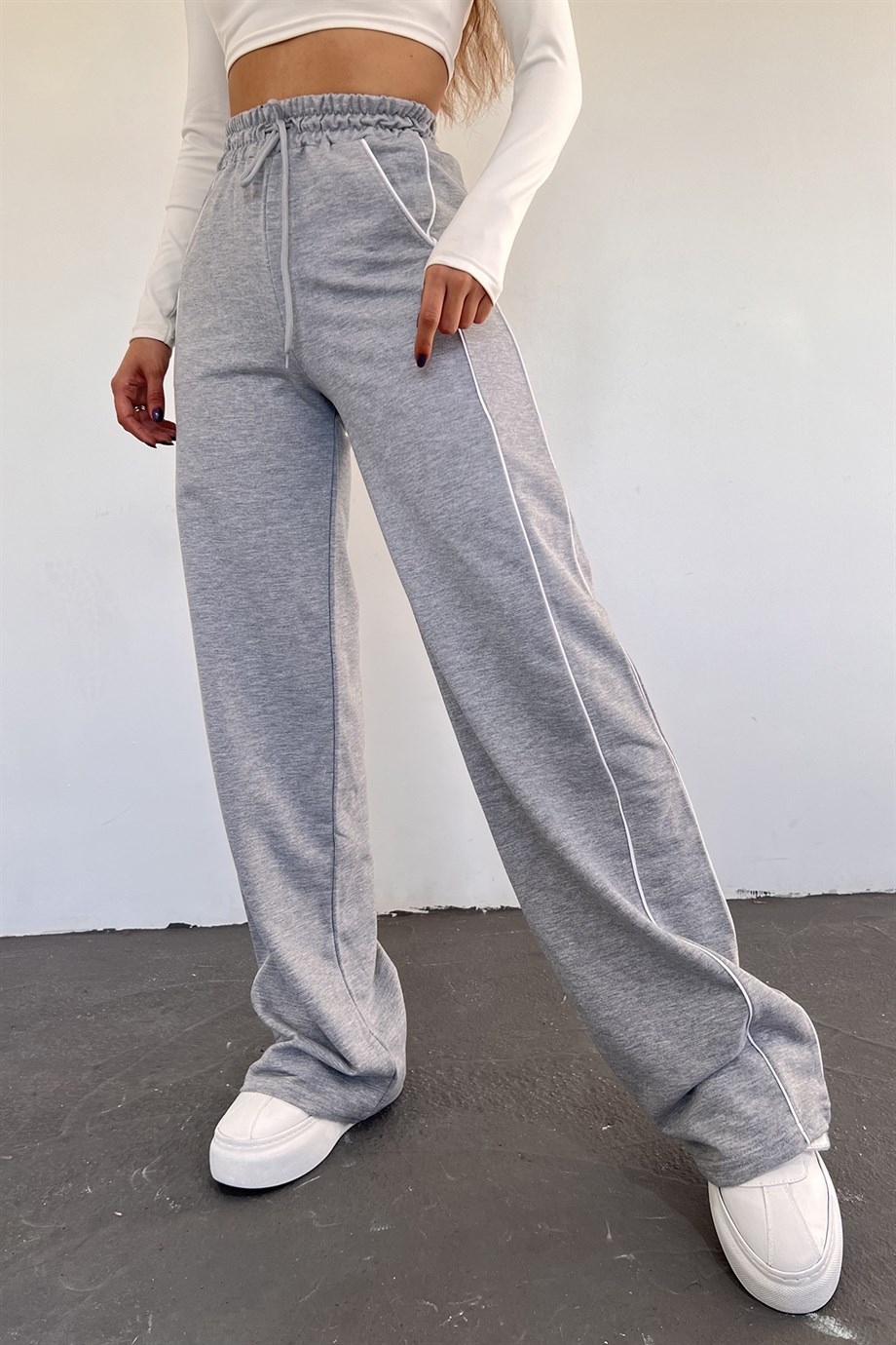 Hera Moda Kadın Gri Bol Paça İki İplik Beli Lastikli Eşofman Altı