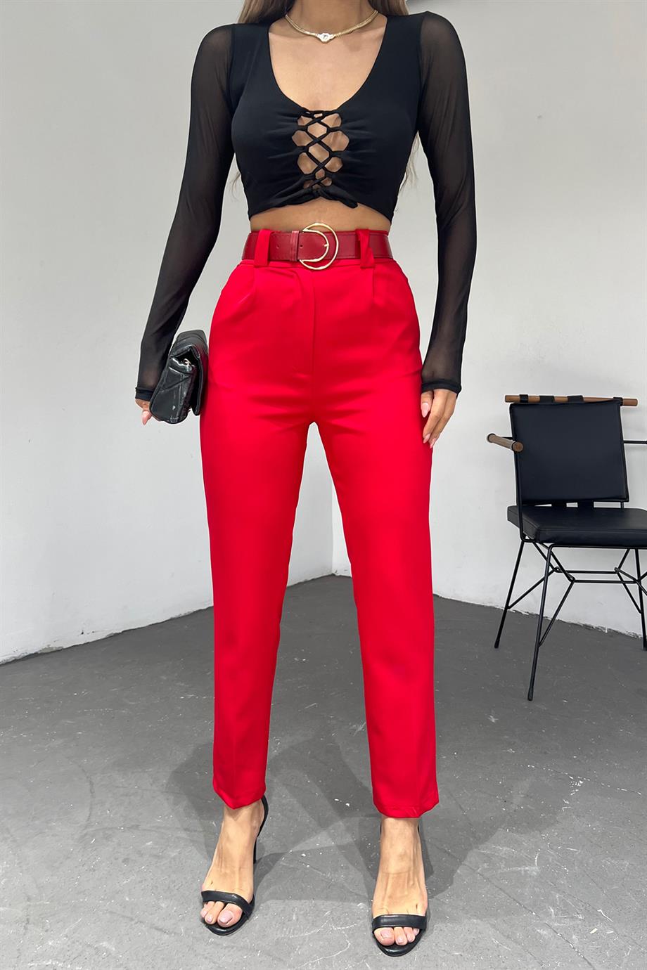 Hera Moda Kadın Kırmızı Double Paça O Kemer Pantolon