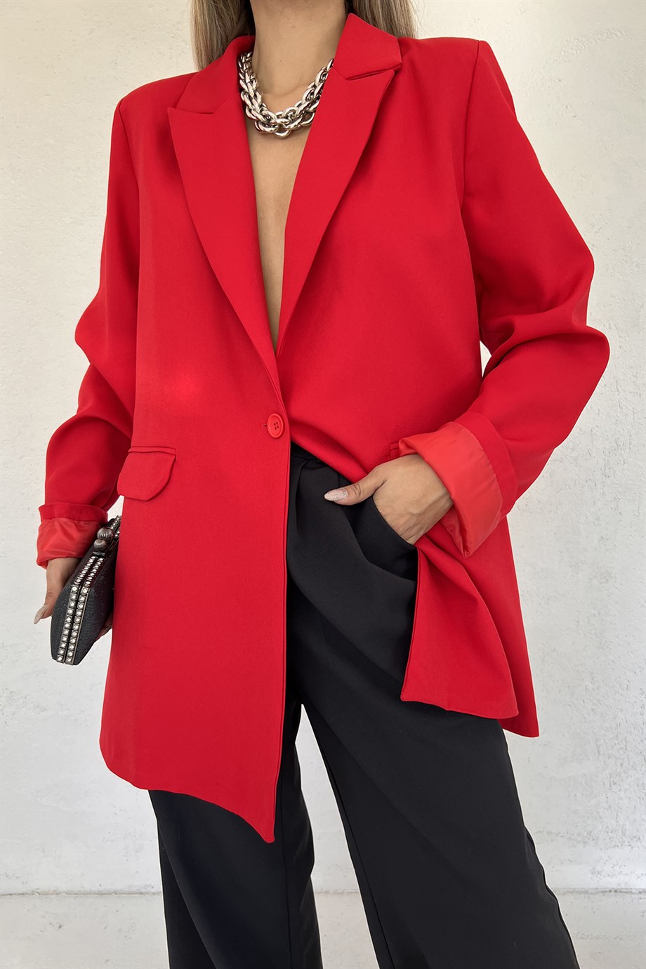 Hera Moda Kadın Kırmızı Oversize Blazer Ceket