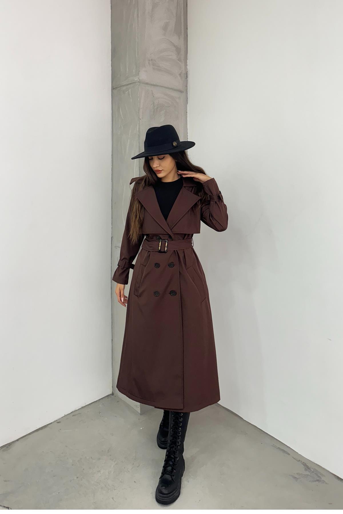 Hera Moda Kadın Koyu Kahverengi Trençkot