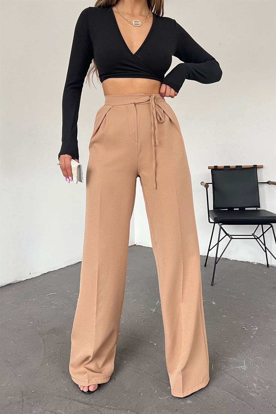 Hera Moda Kadın Krem Beli Bağlamalı Pallazzo Kumaş Pantolon