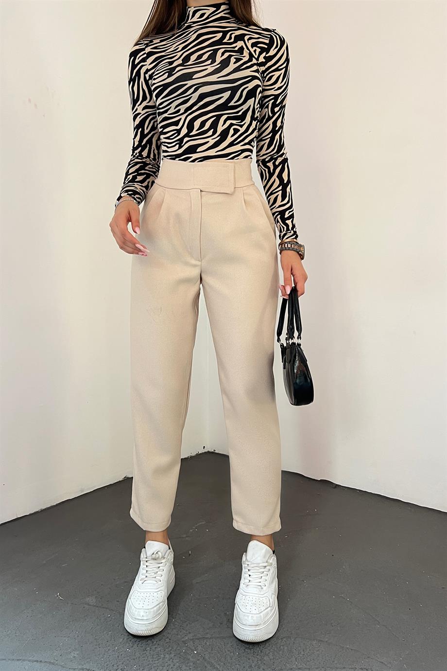 Hera Moda Kadın Krem Dar Paça Cırtlı Kışlık Pantolon