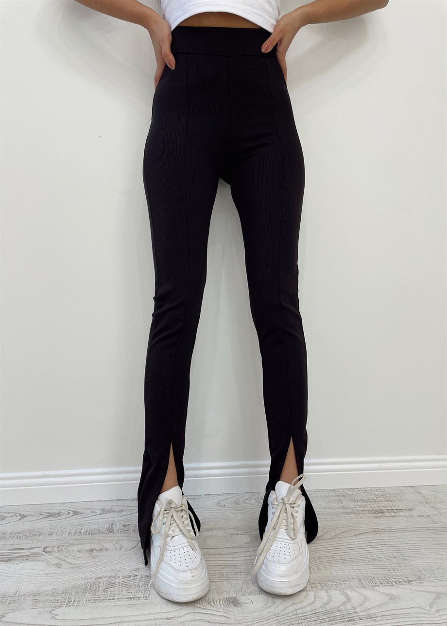 Hera Moda Kadın Paçası Yırtmaçlı Fitilli Siyah Tayt