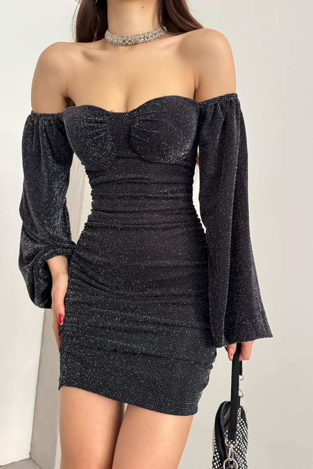 Hera Moda Kadın Siyah Simli Göğüs Gloplu Elbise