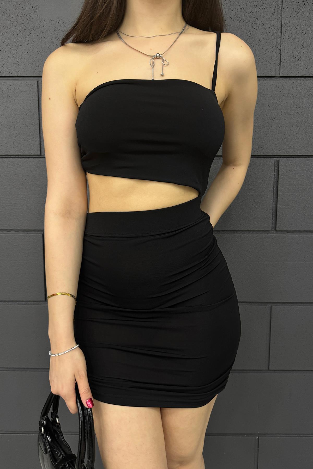 Hera Moda Kadın Siyah Tek Kol Askılı Transparan Elbise