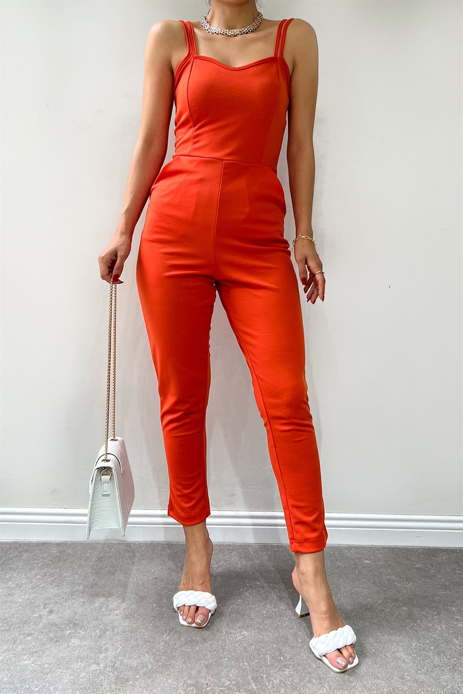 Hera Moda Kadın Turuncu Çift Askılı Cepli Tulum