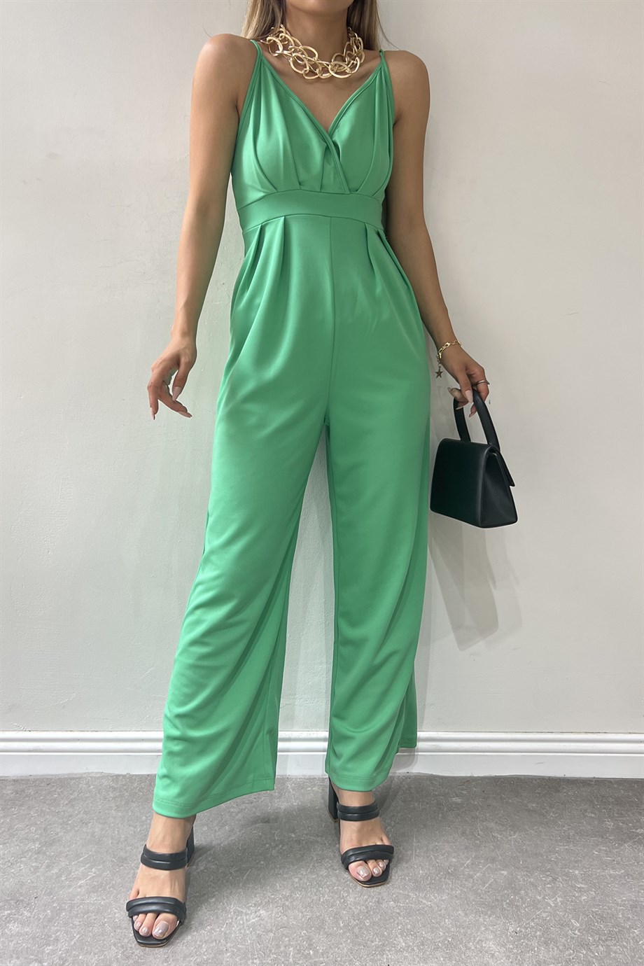 Hera Moda Kadın Yeşil Tek Askılı Cepsiz Tulum