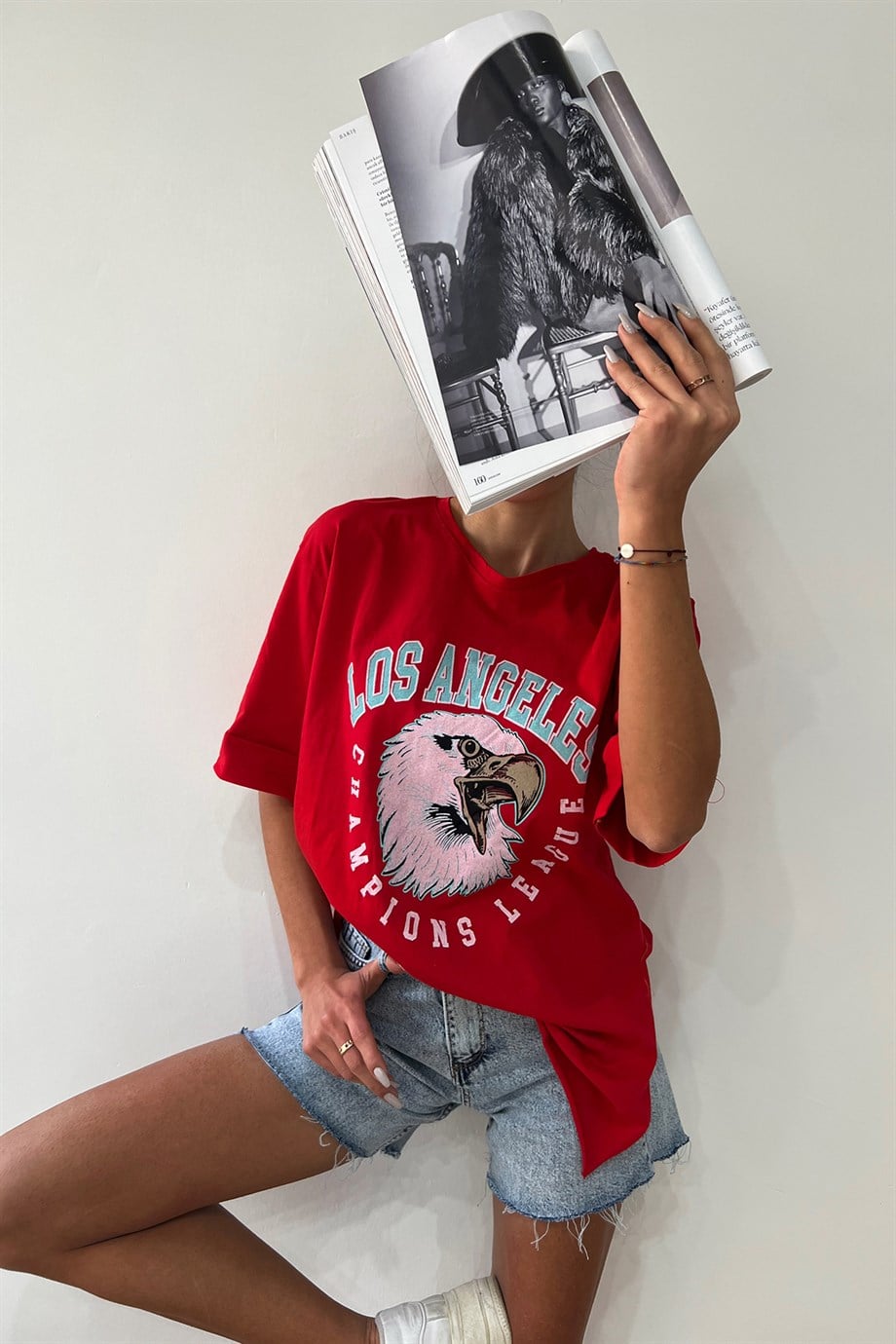 Hera Moda Kırmızı Los Angeles Oversize Tshirt 