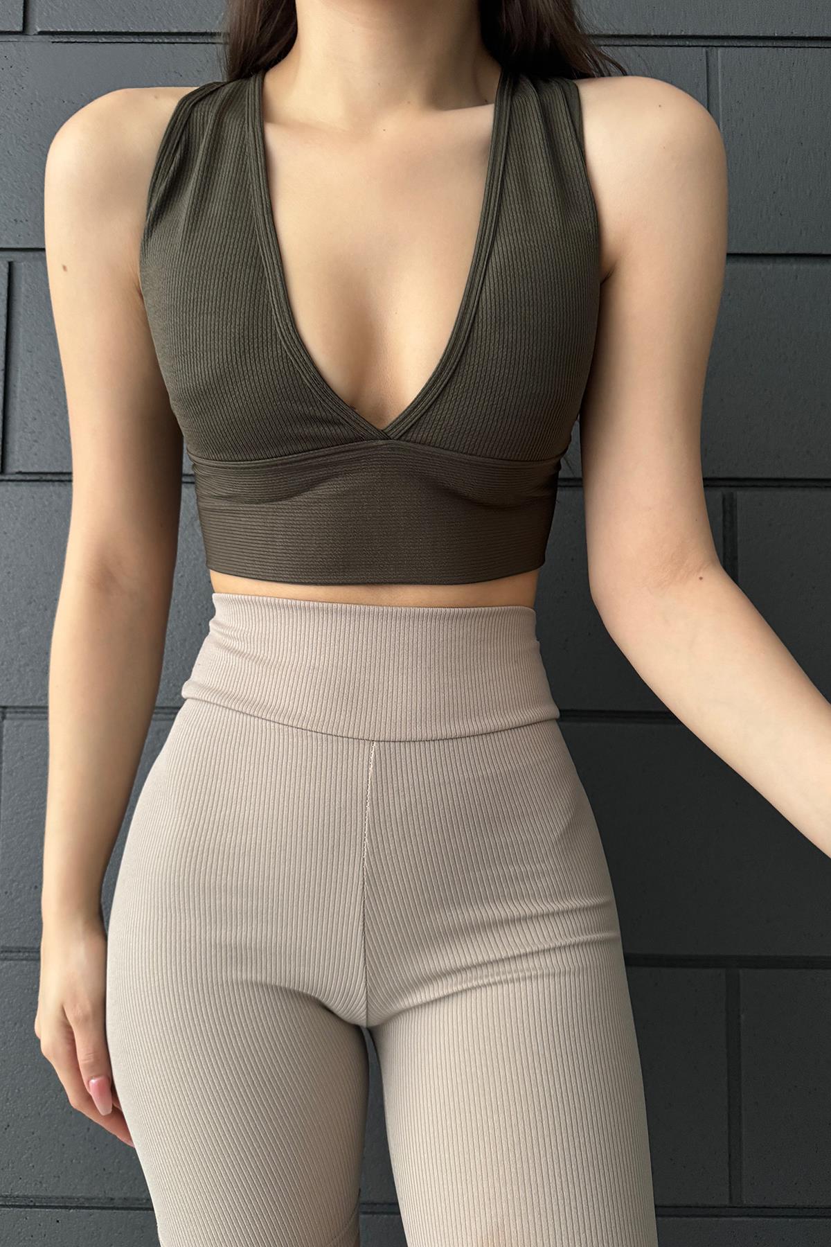 Heramoda Kadın Haki Fitilli Kalın Kemer Sırtı Çapraz V Yaka Crop